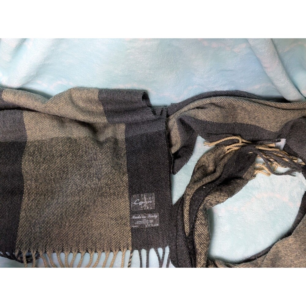 Caprice Scarf Made in Italy Gray Tan Block Stripe Herringbone Fringed Acrylic